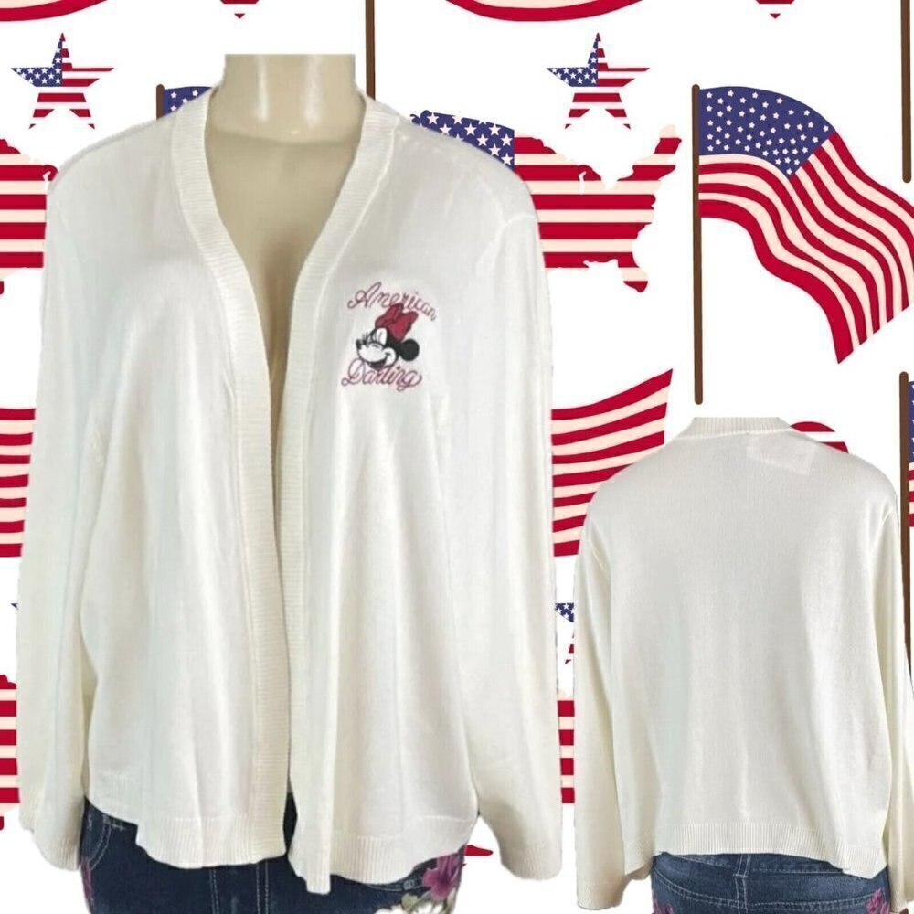 Disney + 5 Eggshell Minnie‎ Mouse American Graphic 3/4 Sleeve Crop Sweater Shrug